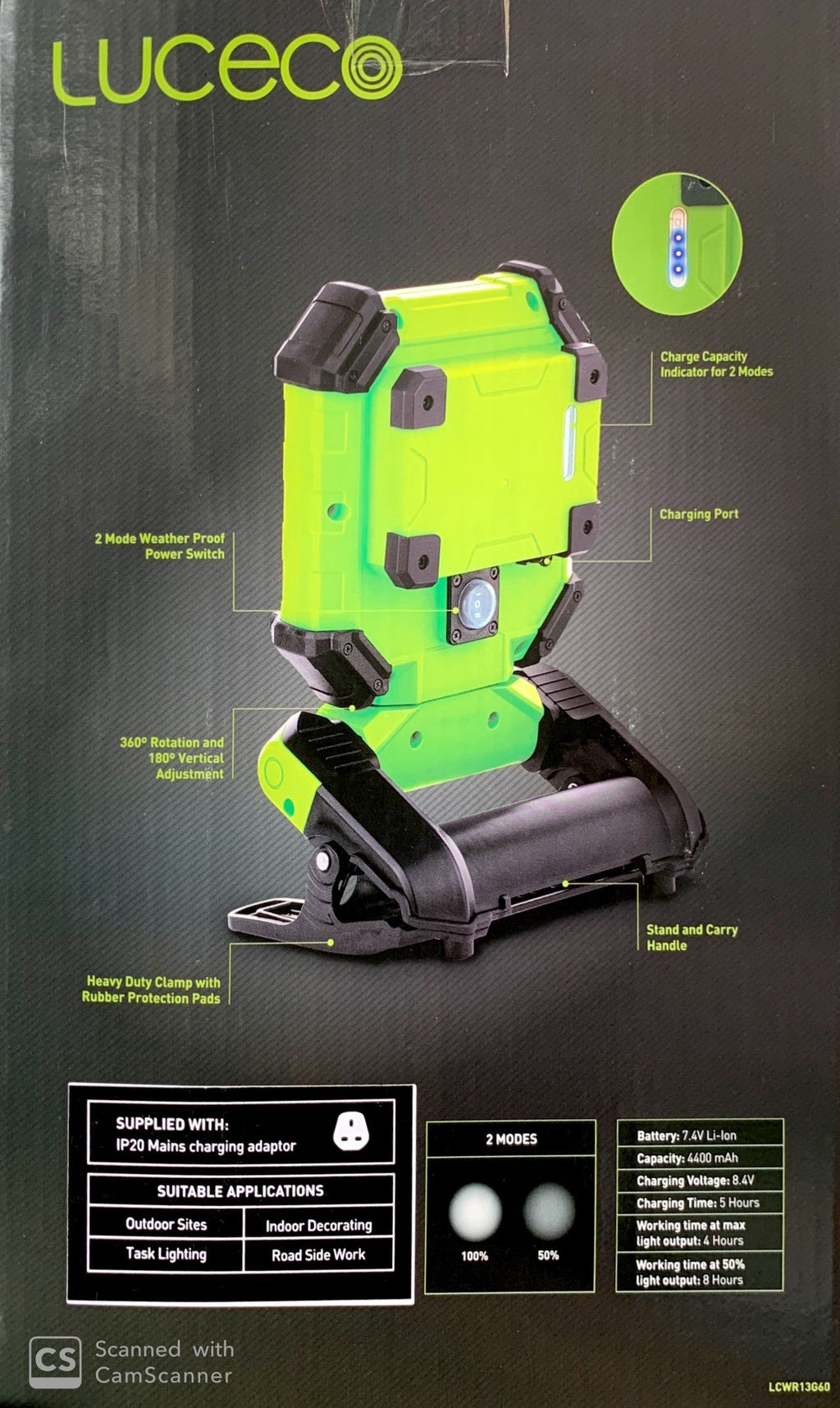 Luceco LCWR13G60 Rechargeable LED Work Light 13W | 6500K Daylight | IP65 | Magnetic Base