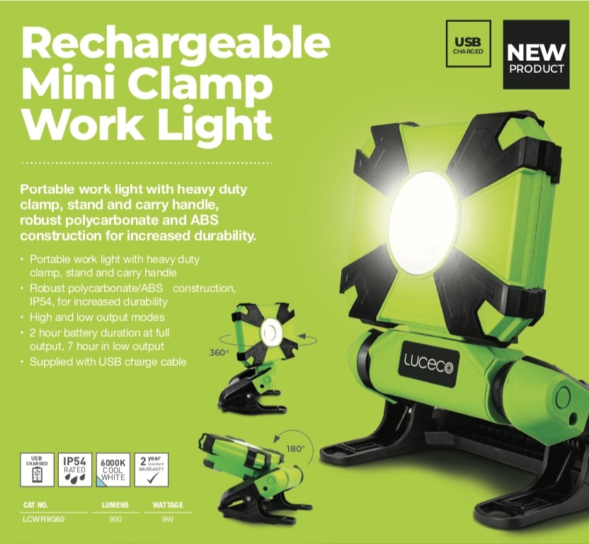 Luceco LCWR9G60 – 9W Rechargeable LED Mini Clamp Work Light | Portable & Durable | 900 lm