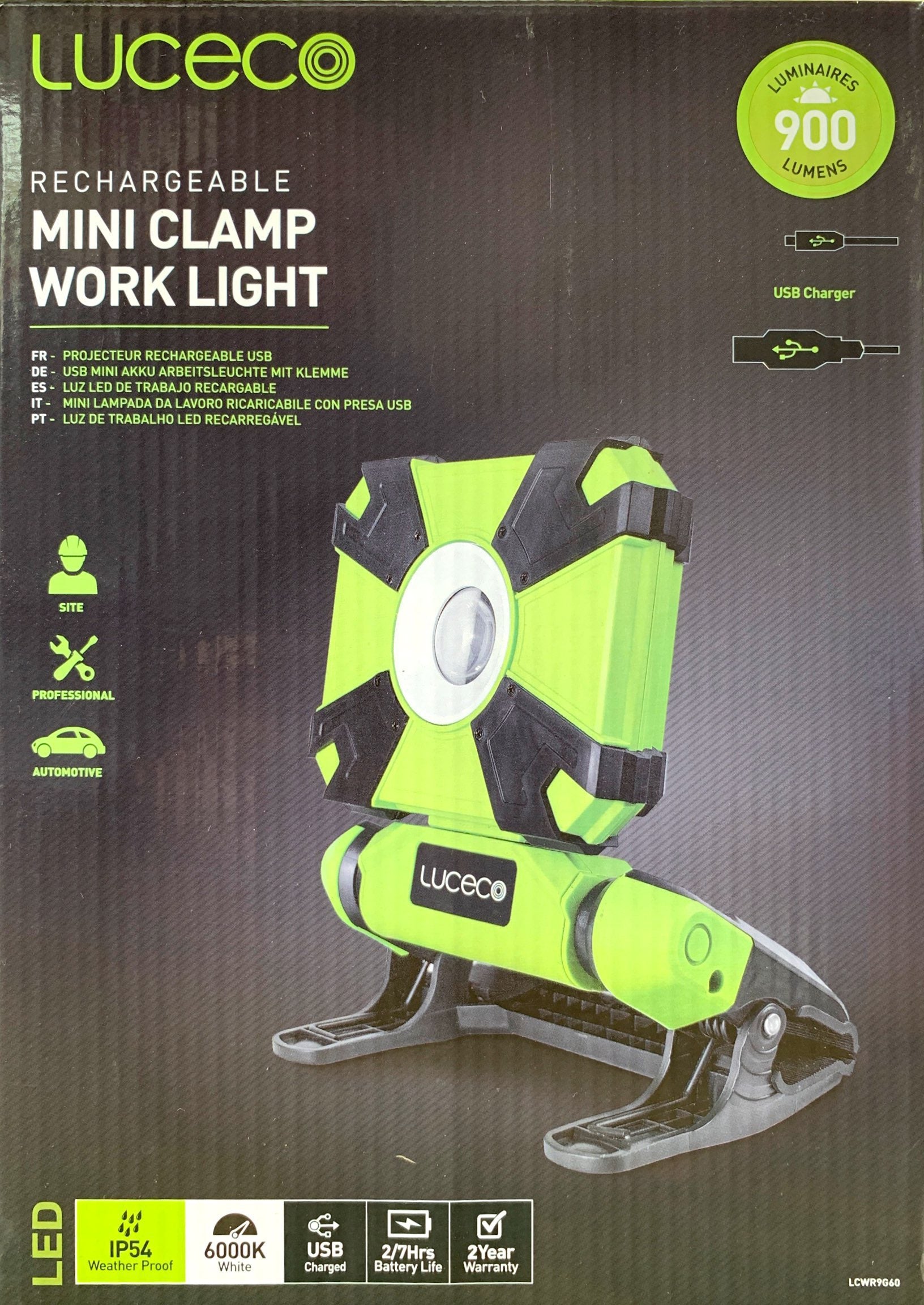 Luceco LCWR9G60 – 9W Rechargeable LED Mini Clamp Work Light | Portable & Durable | 900 lm