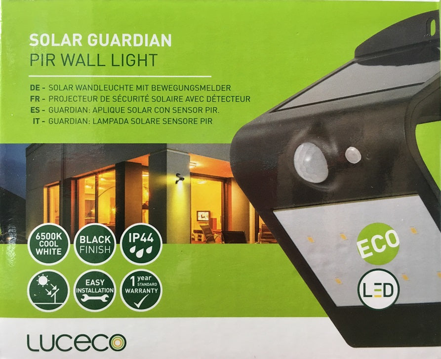 LUCECO LEXS65B65 Solar PIR Wall Light – Motion Sensor, IP44 Splashproof