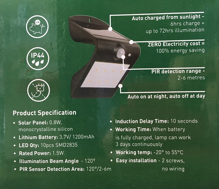 LUCECO LEXS65B65 Solar PIR Wall Light – Motion Sensor, IP44 Splashproof