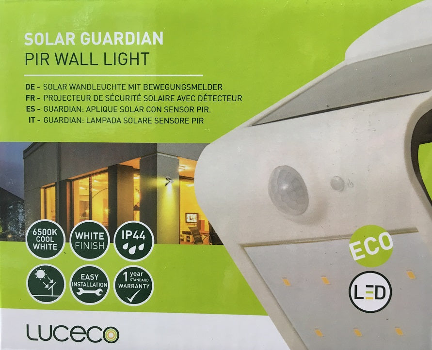 LUCECO LEXS65B65 Solar PIR Wall Light – Motion Sensor, IP44 Splashproof
