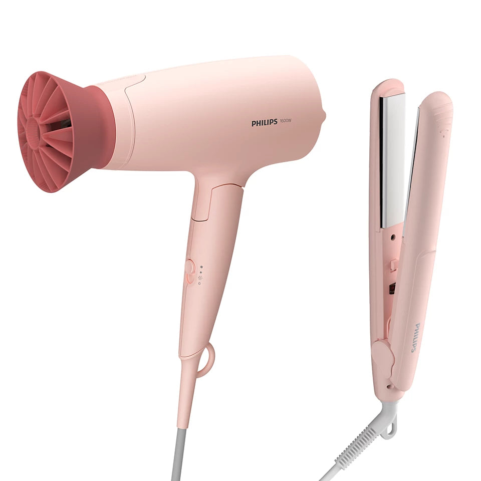 Philips BHP398/00 3000 Series Hair Styling Set – Hair Dryer + Hair Straightener (1600W, ThermoProtect, Keratin-Infused)