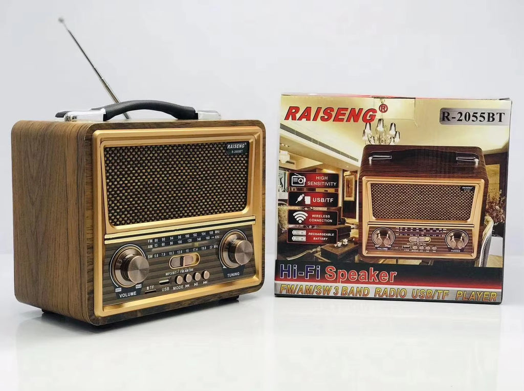 RAISENG R-2055BT FM AM SW 3 Band Vintage Retro Rechargeable With USB SD TF W Bluetooth Function Wooden Radio