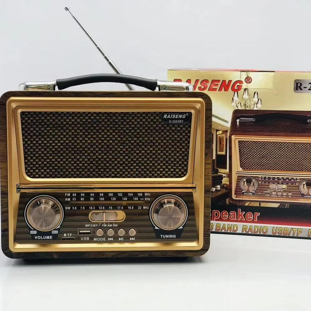 RAISENG R-2055BT FM AM SW 3 Band Vintage Retro Rechargeable With USB SD TF W Bluetooth Function Wooden Radio