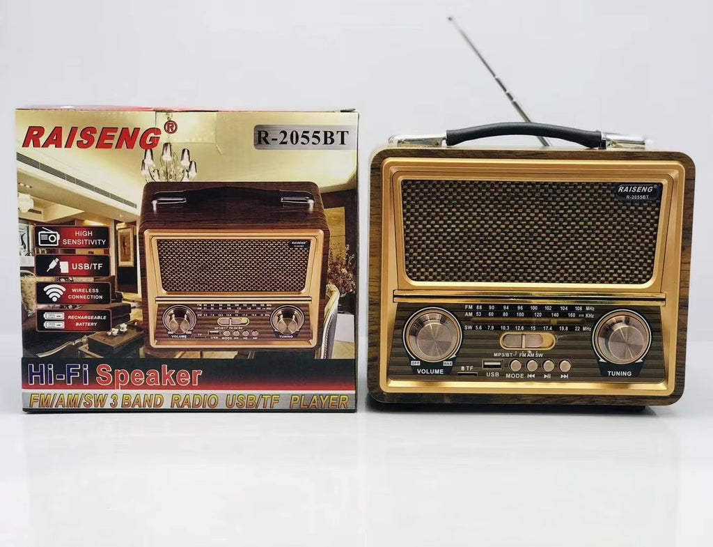 RAISENG R-2055BT FM AM SW 3 Band Vintage Retro Rechargeable With USB SD TF W Bluetooth Function Wooden Radio