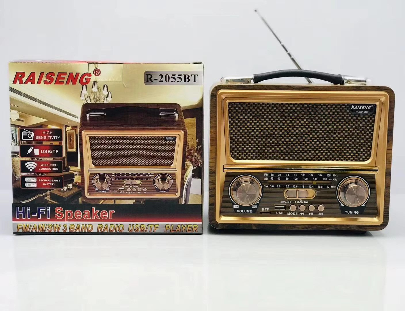 RAISENG R-2055BT FM AM SW 3 Band Vintage Retro Rechargeable With USB SD TF W Bluetooth Function Wooden Radio