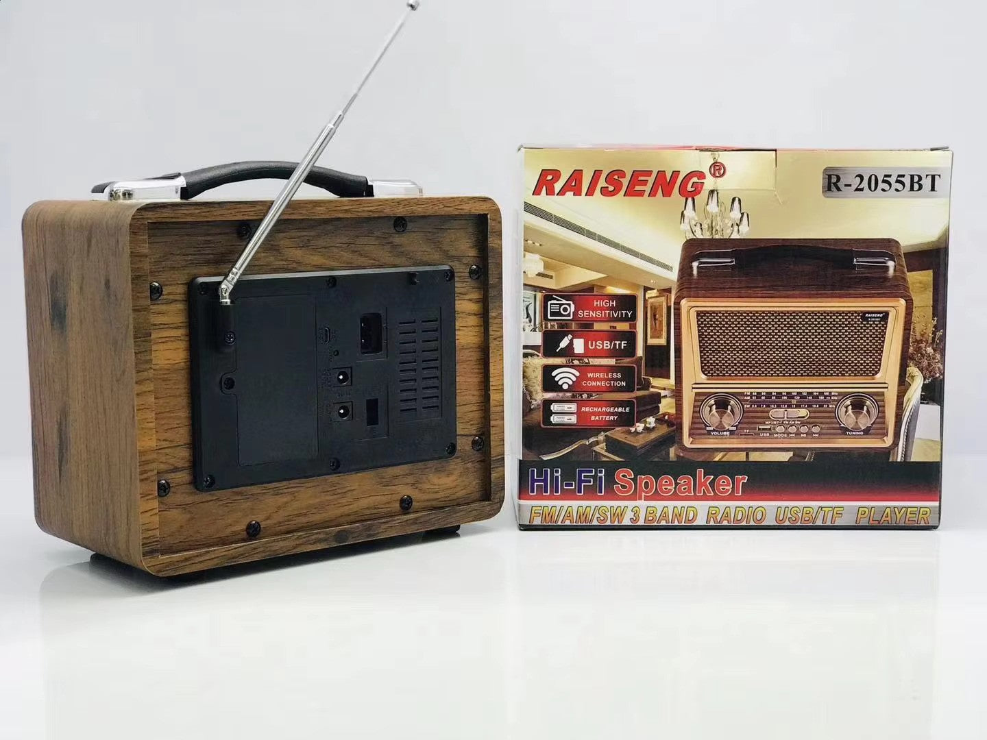 RAISENG R-2055BT FM AM SW 3 Band Vintage Retro Rechargeable With USB SD TF W Bluetooth Function Wooden Radio